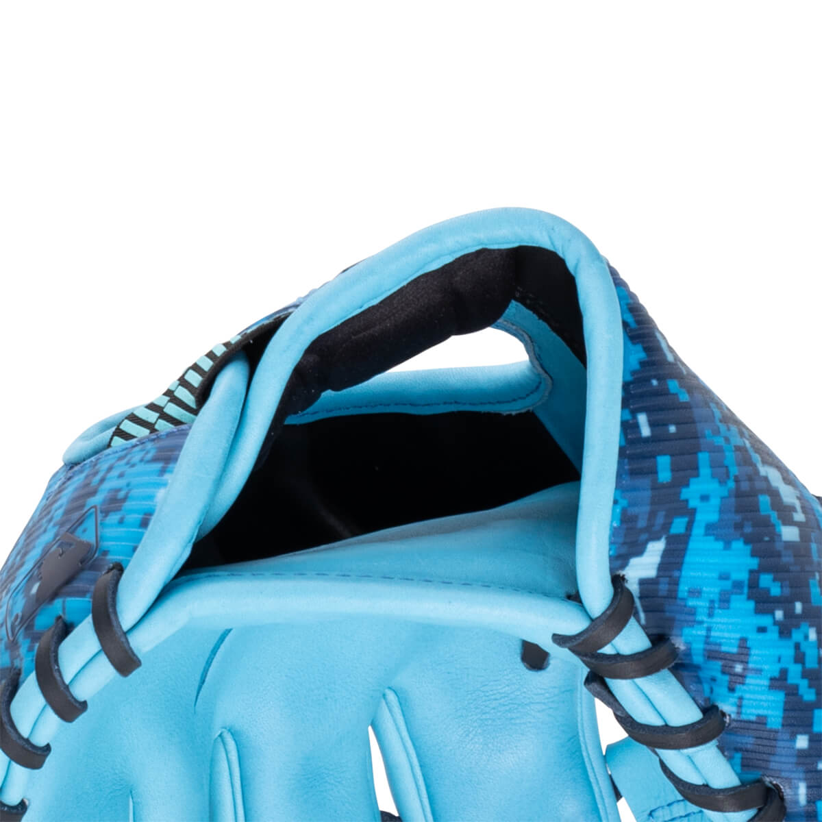 Close-up of a light blue baseball glove showing the digital camouflage pattern on the wrist strap and black lacing.
