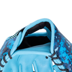 Close-up of a light blue baseball glove showing the digital camouflage pattern on the wrist strap and black lacing.