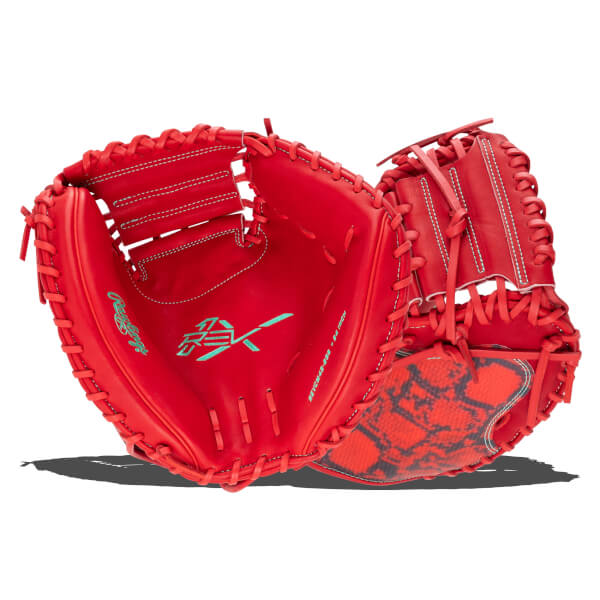 Interior view of a red baseball glove with teal stitching, a teal logo, and a red snakeskin pattern accent.