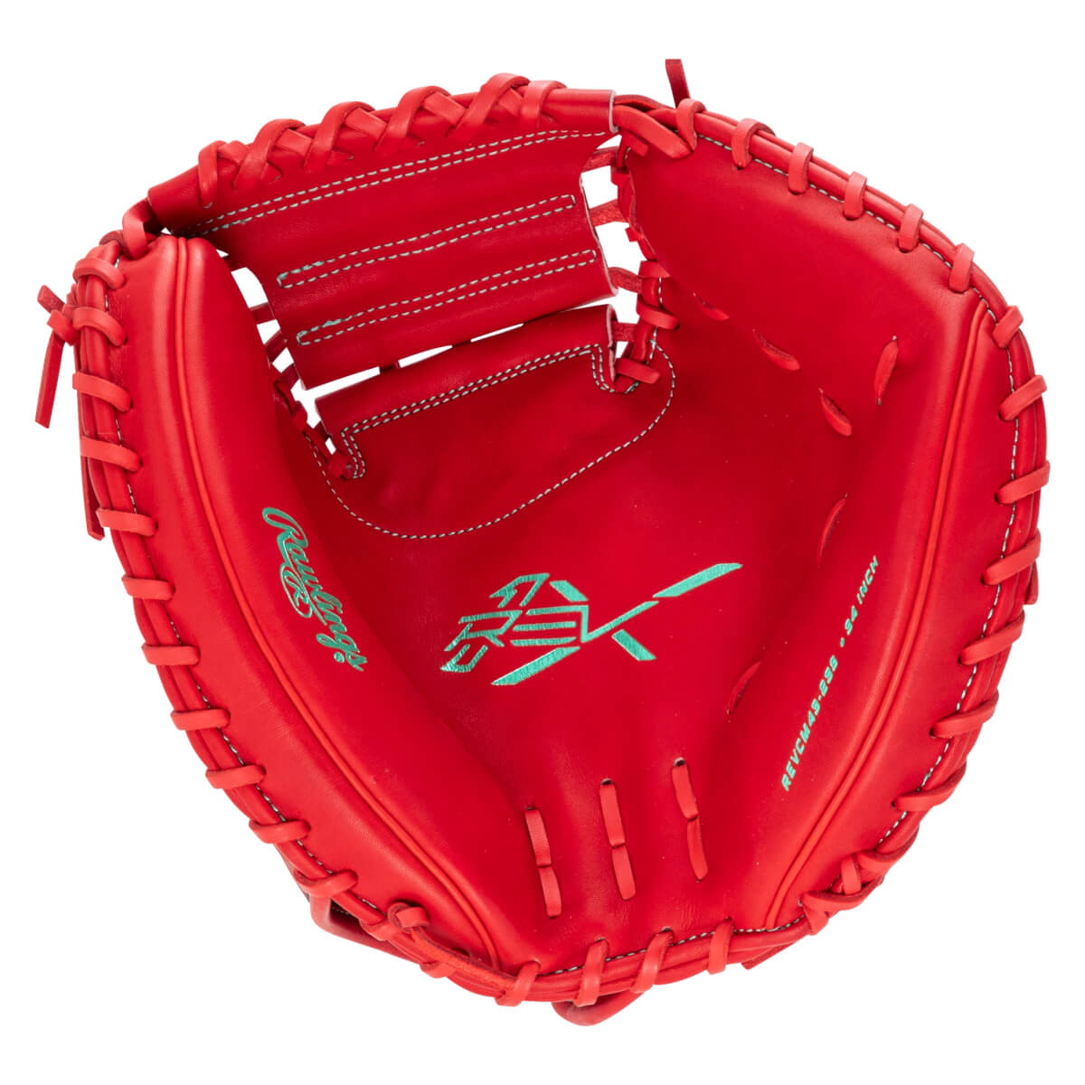 Top-down view of a red baseball glove with teal Rawlings and REVCM45-22B 9.5 INCH logos.