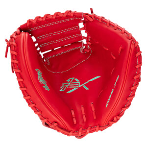 Top-down view of a red baseball glove with teal Rawlings and REVCM45-22B 9.5 INCH logos.