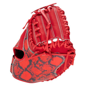 Front view of a red baseball glove with a black snakeskin pattern and light blue stitching.