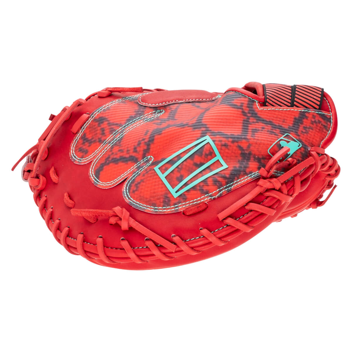Side view of a red baseball glove with a black and red patterned overlay, a teal MLB logo, and white stitching.