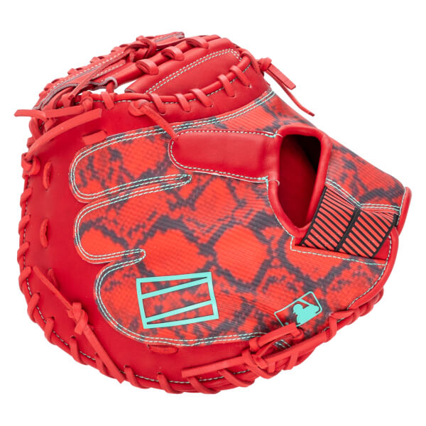 Front view of a red baseball glove with a black and red patterned palm and MLB logo.