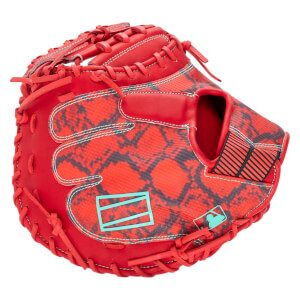 Front view of a red baseball glove with a black and red patterned palm and MLB logo.
