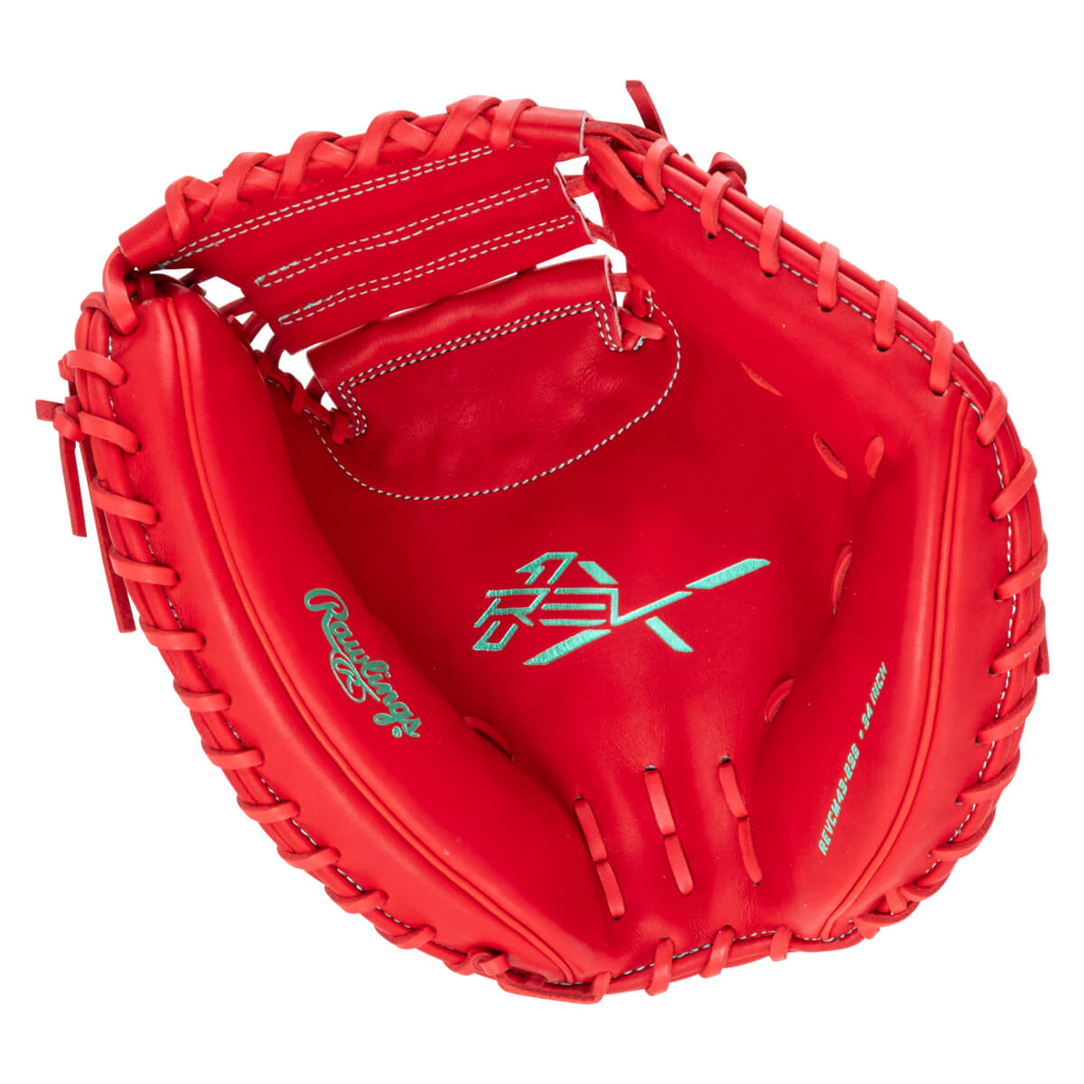 Top-down view of a red baseball glove with teal Rawlings logo and "REVCH48-34 INCH" text.