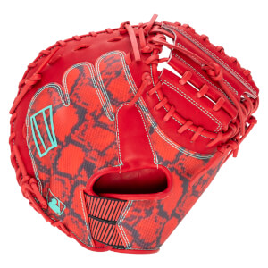 Front view of a red baseball glove with a black and red patterned palm and a teal MLB logo.