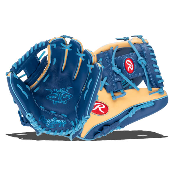 Front view of two blue baseball gloves with tan accents and light blue lacing, featuring red Rawlings logos.