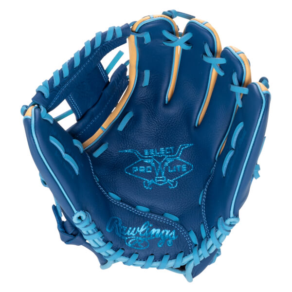 Top-down view of a blue baseball glove with tan accents and light blue lacing, featuring "SELECT PRO LITE" and "Rawlings" logos.