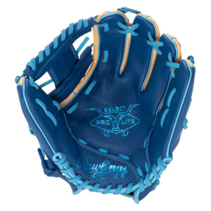 Top-down view of a blue baseball glove with tan accents and light blue lacing, featuring "SELECT PRO LITE" and "Rawlings" logos.