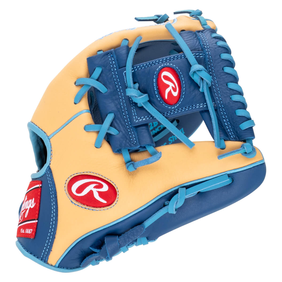 Front view of a tan and navy baseball glove with light blue laces and red Rawlings logos.