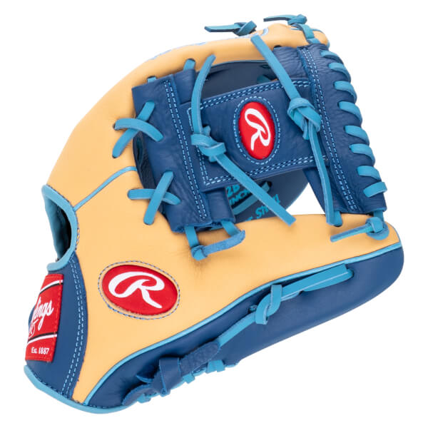 Front view of a tan and navy baseball glove with light blue laces and red Rawlings logos.