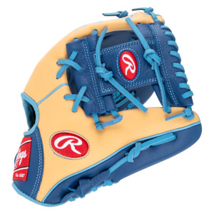 Front view of a tan and navy baseball glove with light blue laces and red Rawlings logos.