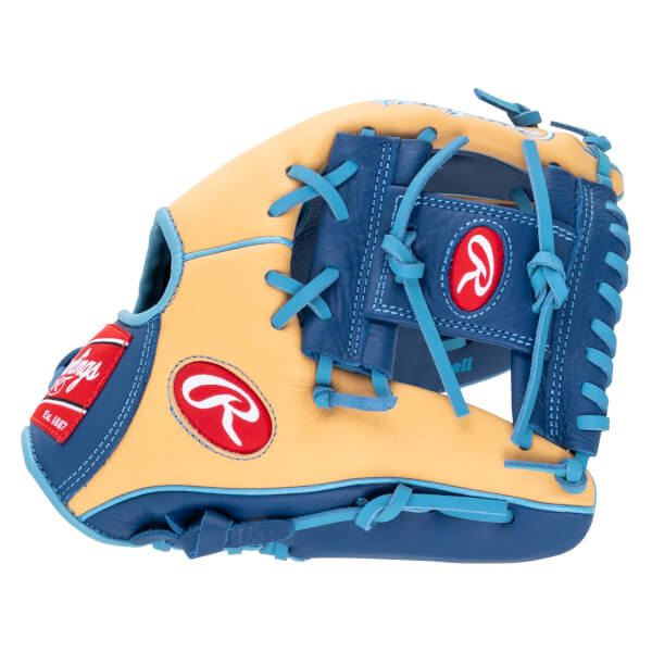 Side view of a Rawlings baseball glove with tan leather, blue lacing, and a red Rawlings logo.