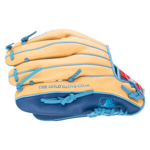 Side view of a tan baseball glove with blue lacing and trim, featuring "THE GOLD GLOVE CO.â„¢" text and an MLB logo.