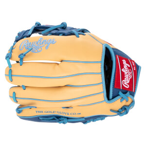 Front view of a tan baseball glove with blue lacing and trim, featuring "Rawlings" script and "THE GOLD GLOVE CO.â„¢" text.