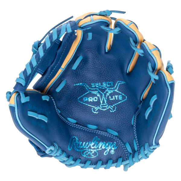 Top-down view of a blue baseball glove with tan accents, featuring "SELECT PRO LITE" and "Rawlings" logos.