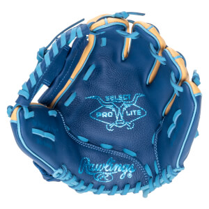Top-down view of a blue baseball glove with tan accents, featuring "SELECT PRO LITE" and "Rawlings" logos.