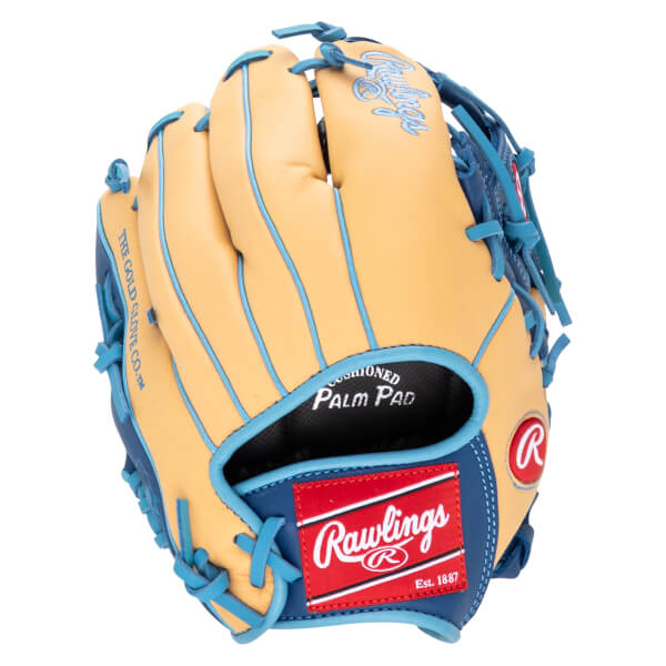 Front view of a tan and blue Rawlings baseball glove with "Rawlings" and "Est. 1887" visible.