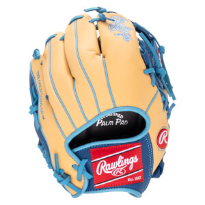 Front view of a tan and blue Rawlings baseball glove with "Rawlings" and "Est. 1887" visible.