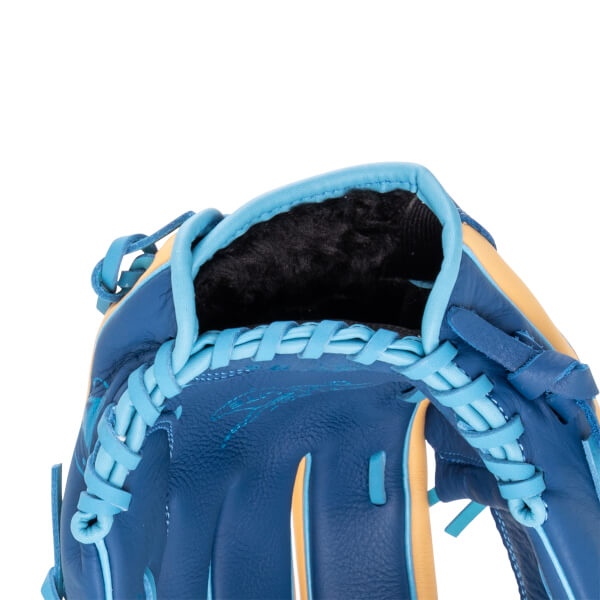 Close-up of a blue baseball glove showing light blue lacing and a tan interior lining.