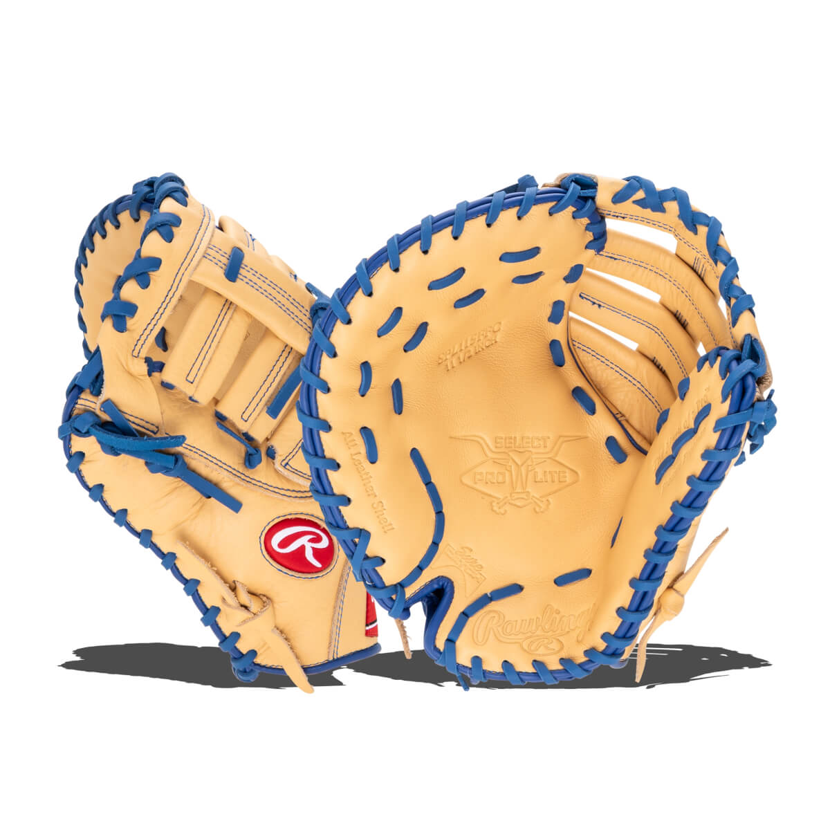 Front view of a tan leather baseball glove with blue lacing, showing the Rawlings logo and "SELECT PRO LITE" text.