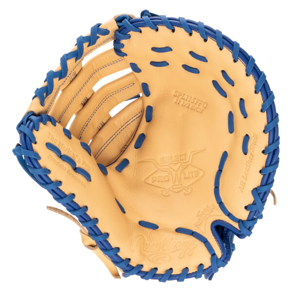 Top-down view of a tan baseball glove with bright blue lacing, showing "Rawlings" and "SELECT PRO LITE" logos.