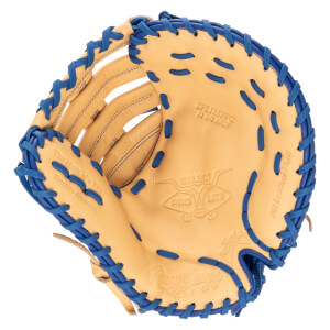 Top-down view of a tan baseball glove with bright blue lacing, showing "Rawlings" and "SELECT PRO LITE" logos.