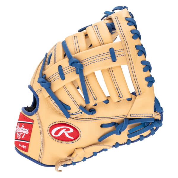 Side view of a tan baseball glove with blue lacing and a red Rawlings logo.