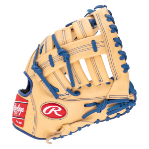 Side view of a tan baseball glove with blue lacing and a red Rawlings logo.