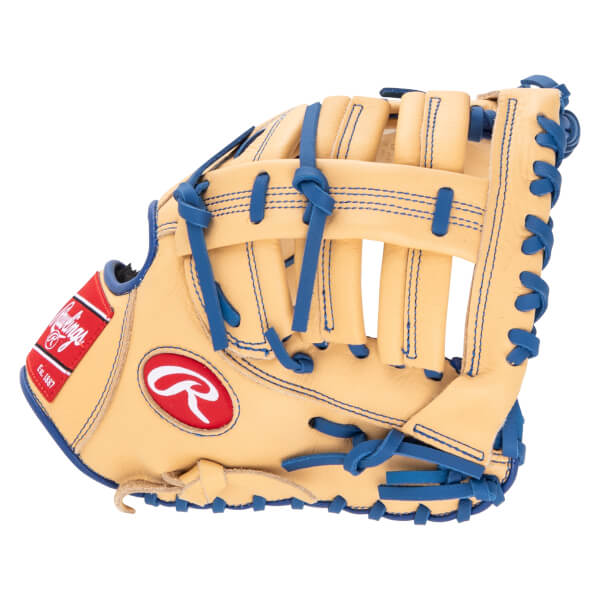 Side view of a tan baseball glove with blue lacing and a red Rawlings logo patch.