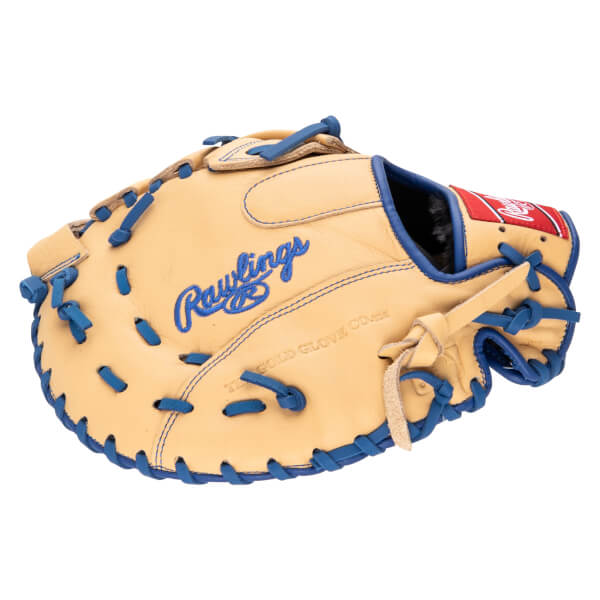 Top-down view of a tan Rawlings baseball glove with blue lacing and embroidered "Rawlings" logo.