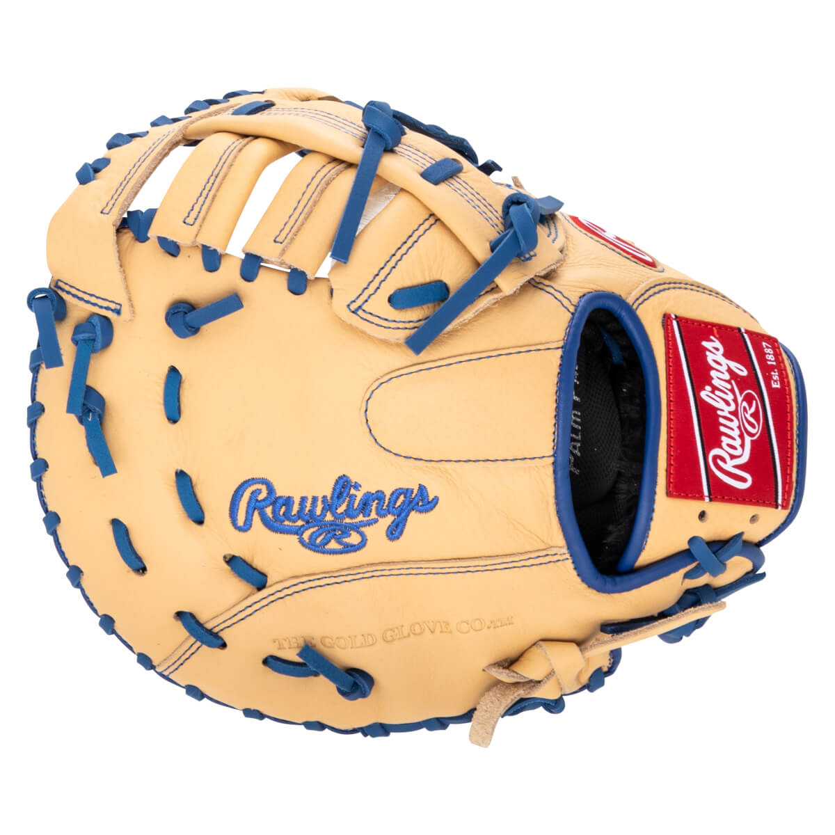 Top-down view of a tan Rawlings baseball glove with blue lacing and a red Rawlings logo patch.