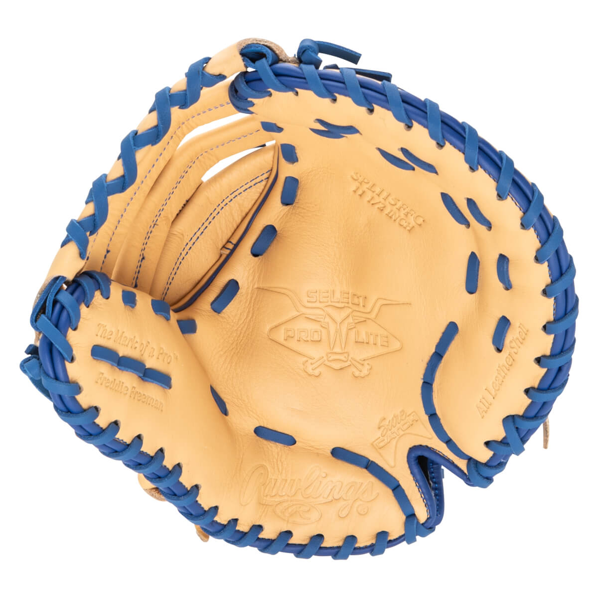 Top-down view of a tan baseball glove with blue lacing, showing "Rawlings" and "Freddie Freeman" embossed.