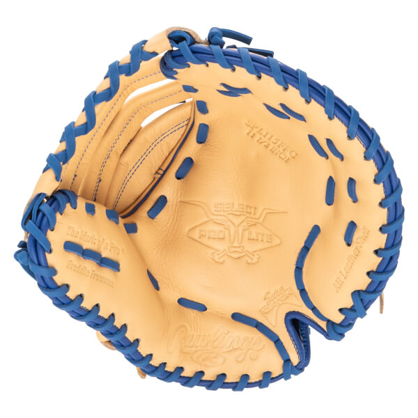 Top-down view of a tan baseball glove with blue lacing, showing "Rawlings" and "Freddie Freeman" embossed.