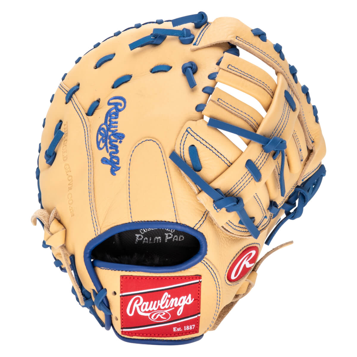 Top-down view of a tan Rawlings baseball glove with blue lacing and a red Rawlings logo patch.
