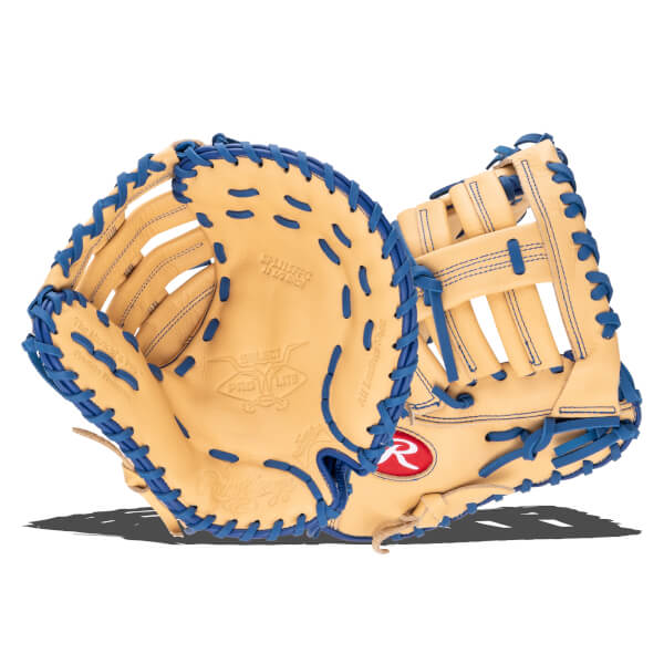 Front view of a tan baseball glove with blue lacing, showing the "SELECT PRO LITE" logo and "Rawlings" text.