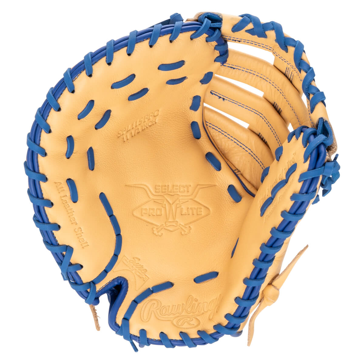 Top-down view of a tan baseball glove with blue lacing, showing the "Rawlings" logo and "SELECT PRO LITE" text.