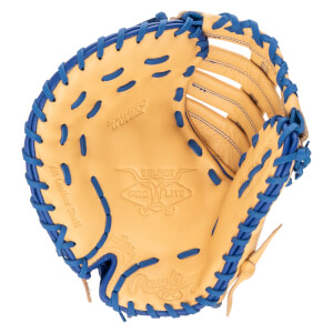 Top-down view of a tan baseball glove with blue lacing, showing the "Rawlings" logo and "SELECT PRO LITE" text.