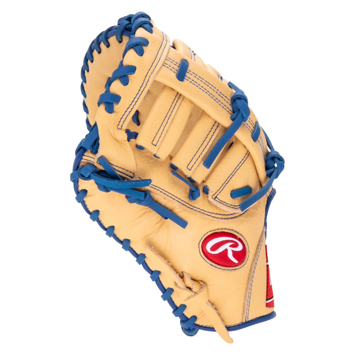 Close-up of a tan baseball glove with blue lacing and a red Rawlings logo.