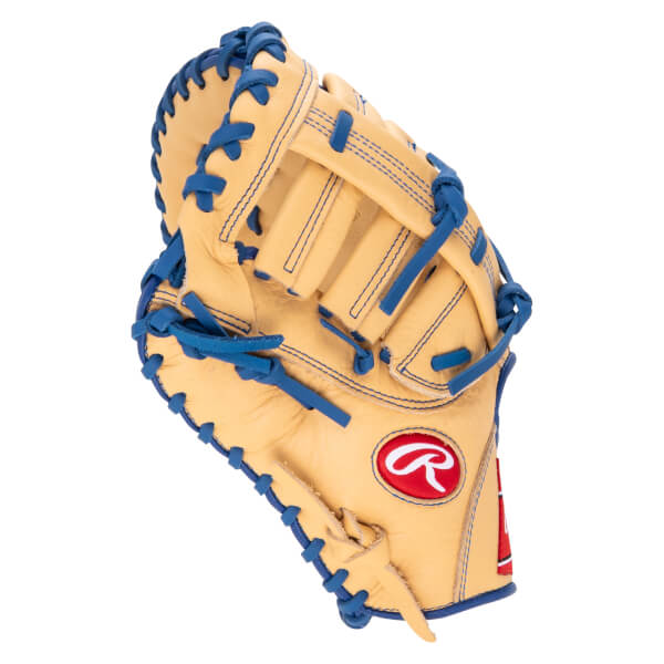 Close-up of a tan baseball glove with blue lacing and a red Rawlings logo.