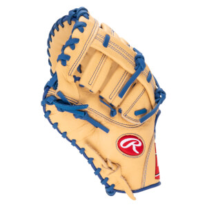 Close-up of a tan baseball glove with blue lacing and a red Rawlings logo.
