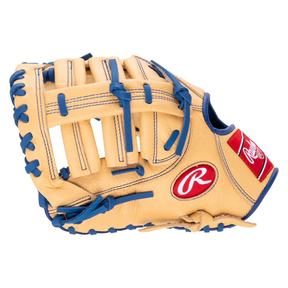 Side view of a tan baseball glove with blue lacing and a red Rawlings logo.