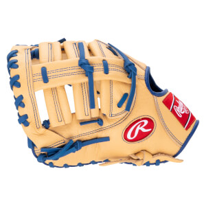 Side view of a tan baseball glove with blue lacing and a red Rawlings logo.