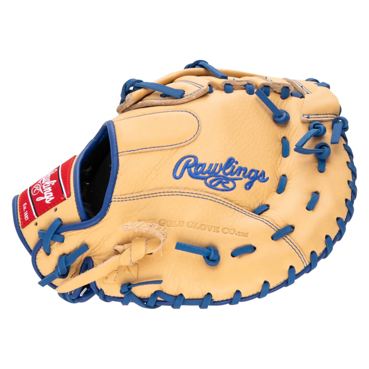 Front view of a tan Rawlings baseball glove with blue lacing and embroidered "Rawlings" logo.