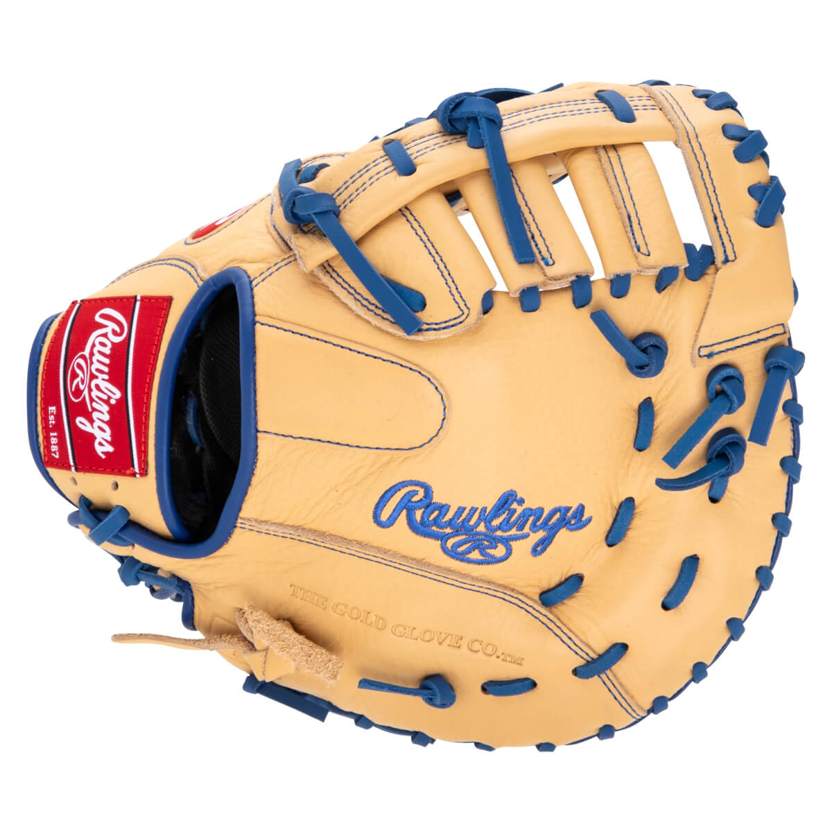 Top-down view of a tan baseball glove with blue lacing and a red Rawlings logo.