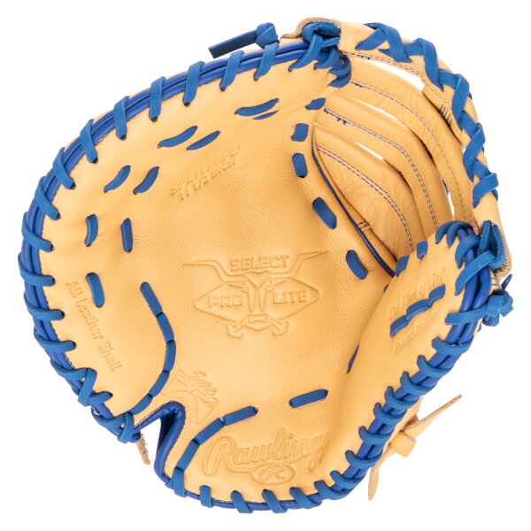 Top-down view of a tan leather baseball glove with bright blue lacing and "Rawlings" logo.