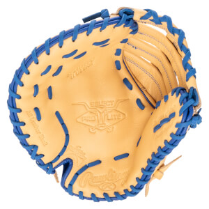 Top-down view of a tan leather baseball glove with bright blue lacing and "Rawlings" logo.