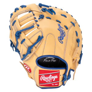 Top-down view of a tan baseball glove with blue lacing, featuring a red Rawlings logo and "CUSHIONED PALM PAD" text.