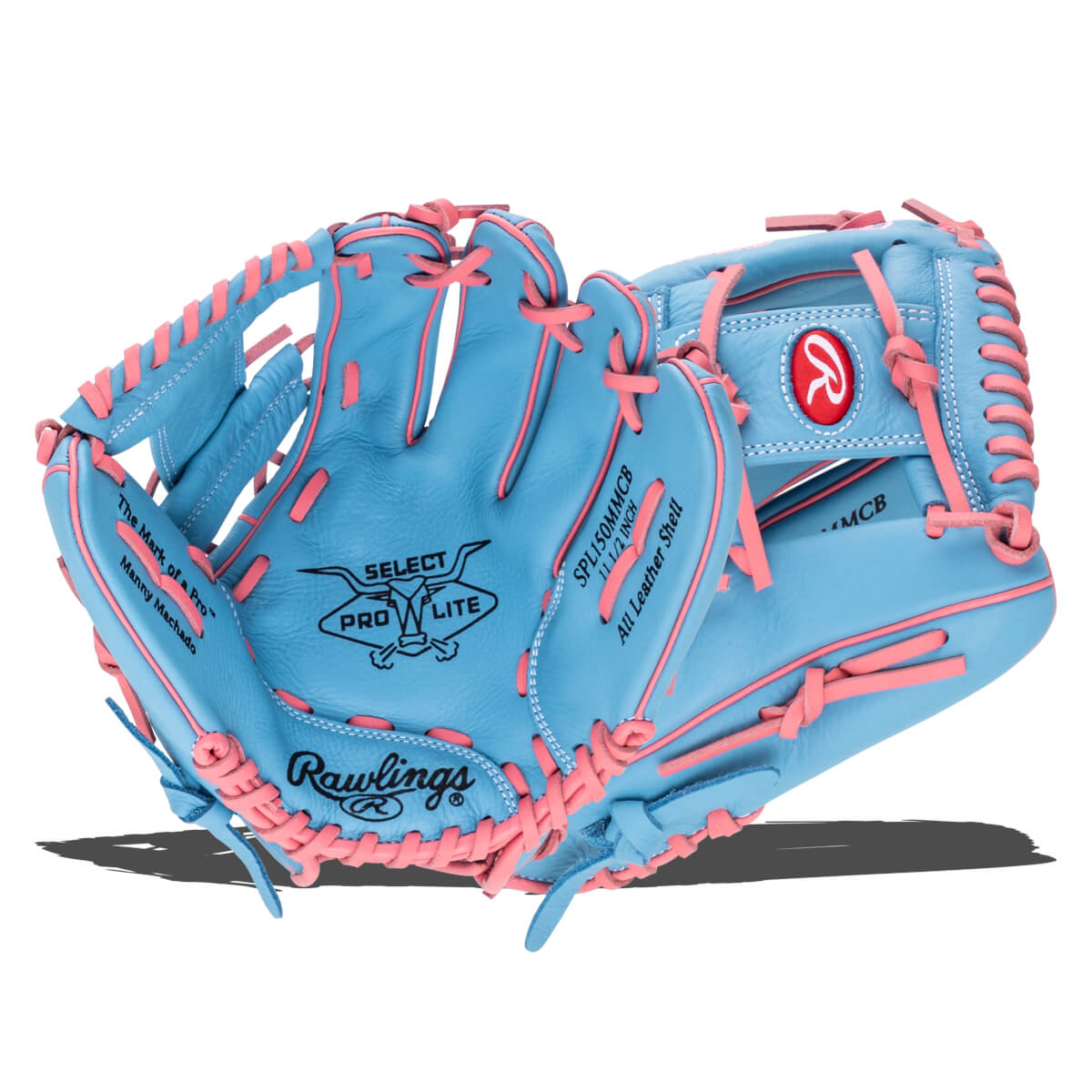 Front view of a light blue baseball glove with pink lacing, showing the Rawlings logo and "SELECT PRO LITE" text.